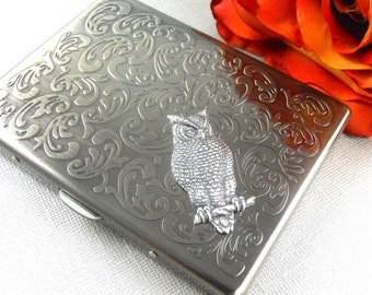 Owl Cigarette Case, Silver Cigarette Holder, Owl, Wallet, Money Holder, Credit Card Holder Steampunk Vintage Inspired