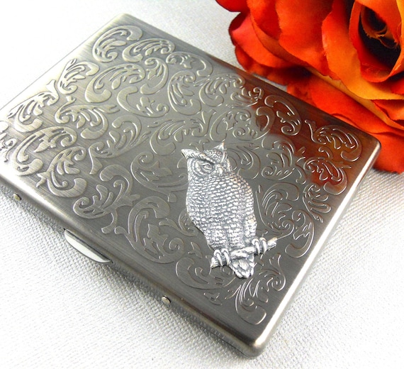 Owl Cigarette Case, Silver Cigarette Holder, Owl, Wallet, Money Holder,  Credit Card Holder Steampunk Vintage Inspired
