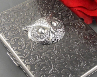 Owl Head Owl Cigarette Case, Silver Owl Cigarette Holder, Owl, Wallet, Money Holder, Credit Card Holder Steampunk Vintage Inspired