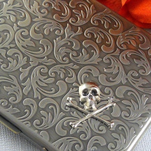 Silver Skull Cigarette Case Vintage Inspired Sterling Silver Plated Crossbones Gothic Victorian Steampunk