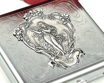 Accesorios para fumadores, estuche plateado para cigarrillos, unisex, de inspiración gótica, con diseño de diosa, doble cara, tamaño estándar (18 unidades), ideal como regalo de bodas.