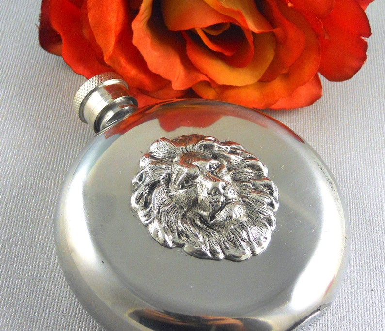 Lion Flask, Silver Lion Flask, Silver Flask, Round Silver Lion Flask, Vintage Inspired, Father, Brother, Women, Men, Teacher Gift 5Oz Flask image 2