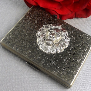 Estojo de cigarros Silver Lion, porta-cartões grande, prata antiga, gótico, vitoriano, steampunk, acessórios