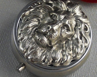 Silver Pill Box Pill Case, Vintage Gothic Inspired, Large Silver Lion Head Pill Box, Father's Day Mothers Day Gift For Her