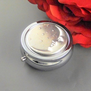 Pill Box Pill Case, Vintage Gothic Inspired,Silver round Pill Holder Steampunk Inspired Celestial Moon & Stars Gift For Her Travel Pill Box