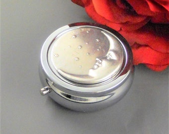 Pill Box Pill Case, Vintage Gothic Inspired,Silver round Pill Holder Steampunk Inspired Celestial Moon & Stars Gift For Her Travel Pill Box