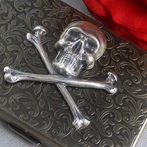 Skull Cigarette Case Vintage Inspired Sterling Silver Plated Crossbones Rectangle Metal Case Gothic Victorian Steampunk