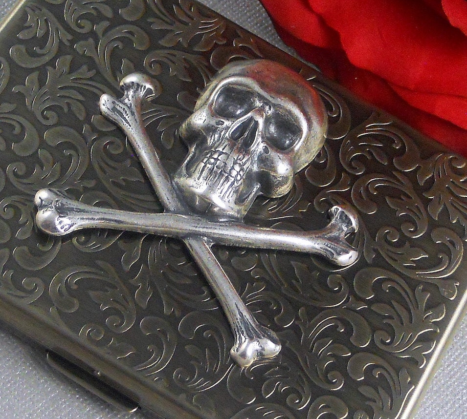skull cigarette case Skull Cigarette Case Vintage Inspired Sterling Silver Plated Crossbones  Rectangle Metal Case Gothic Victorian Steampunk