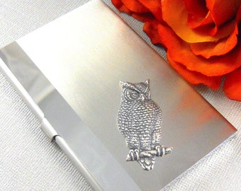 Antikes silbernes Eulen-Visitenkartenetui, Edelstahl-Halter