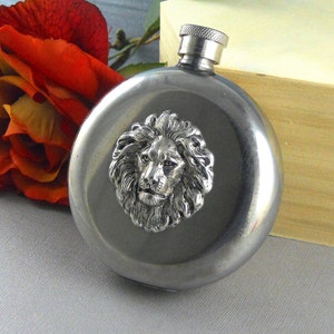 Lion Flask, Silver Lion Flask, Silver Flask, Round Silver Lion Flask, Vintage Inspired, Father, Brother, Women, Men, Teacher Gift 5Oz Flask image 3