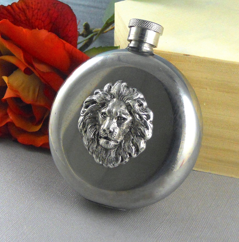Lion Flask, Silver Lion Flask, Silver Flask, Round Silver Lion Flask, Vintage Inspired, Father, Brother, Women, Men, Teacher Gift 5Oz Flask image 3