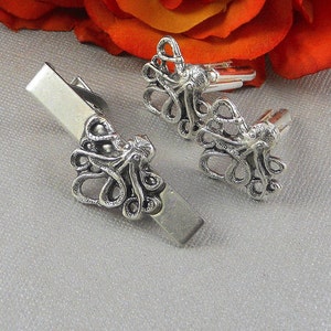 Silver Octopus Cufflinks - Octopus Tie Bar Set Of 3 Nautical Steampunk Style Victorian Weddings Grooms
