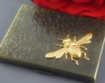 Bumble Bee Cigarette Case, Brass Bumble Bee, Antique Bronze Bee Box King Size, Money Holder, Vintage Victorian Inspired, Silver Case