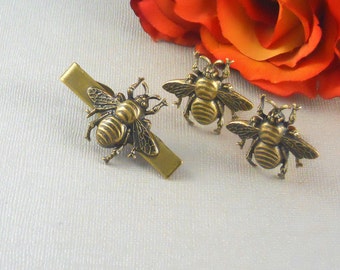 Big Bee Cufflinks Tie Bar Set of 3 Large Bold Statement Cufflinks Antiqued Brass Bees Gothic Victorian