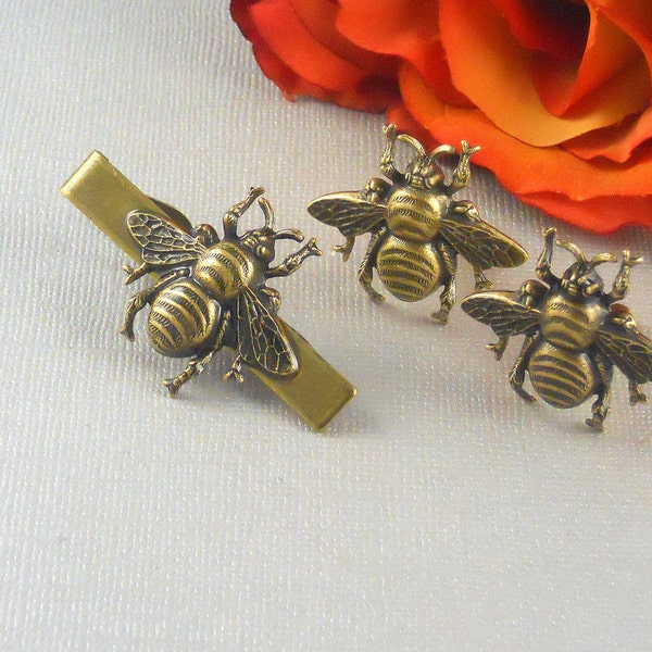 Big Bee Cufflinks Tie Bar Set of 3 Large Bold Statement Cufflinks Antiqued Brass Bees Gothic Victorian