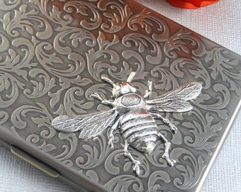 Bumble Bee Cigarette Case, Silver Bumble Bee,  King Size, Money Holder, Vintage Victorian Inspired, Silver Case
