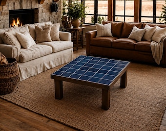 Handmade Ceramic Tile Coffee Table, Natural Wood Frame, Mediterranean Decor (61x61cm)
