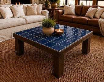 Mesa de centro de cerámica hecha a mano con marco de madera natural, decoración mediterránea (61 x 61 cm)
