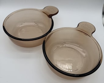 Set of 2 Vtg Grab it Vision Glass Bowls Amber Corning Ware V-150-B  15oz USA FSh