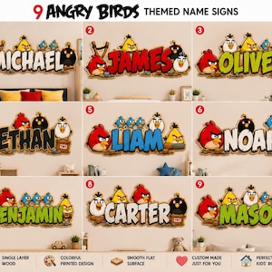 Angry Birds personlig träskylt med namn, färgglad spelväggkonst, barnrumsdekor