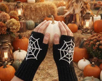 Crochet Spider Web Fingerless Gloves Pattern PDF, Halloween Fingerless Mitts, Gothic Crochet Gloves, Spiderweb Wrist Warmers