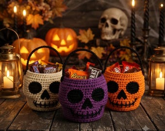 Crochet Skull Bucket Pattern PDF, Halloween Candy Basket Crochet Pattern, Skull Trick or Treat Basket, Amigurumi Halloween Decor