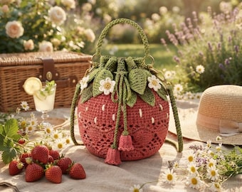 Strawberry Bucket Bag Crochet Pattern PDF, Cute Crossbody Purse, Daisy Flower Bag, Summer Crochet Handbag Tutorial, DIY Gift
