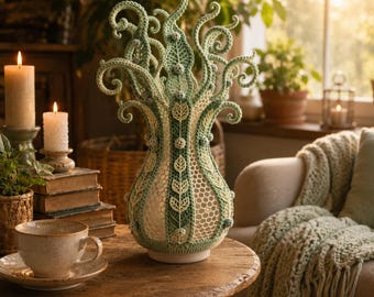 Whispering Fern Crochet Vase Cover Pattern PDF, Botanical Vase Cozy, Cottagecore Home Decor, Fern Lace Crochet Vase Sleeve, DIY Gift