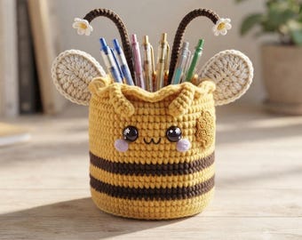 Honey Bee Crochet Pen Holder Pattern | Amigurumi Desk Organizer Basket (PDF Download)