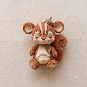 Può includere: Un peluche a forma di scoiattolo realizzato all'uncinetto nei toni del marrone e del crema. Lo scoiattolo ha gli occhi chiusi, un piccolo naso marrone, una sciarpa verde al collo, una piccola cupola di ghianda sulla testa e una coda folta.