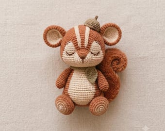Sleepy Chipmunk Crochet Pattern PDF, Woodland Amigurumi Tutorial, Acorn Hat Plush (Digital Download)