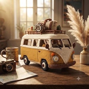 May include: A crocheted model of a vintage camper van featuring a yellow and white body, a brown roof rack, and luggage secured on top. The van has round headlights, side mirrors, and detailed windows, crafted with textured yarn stitches.