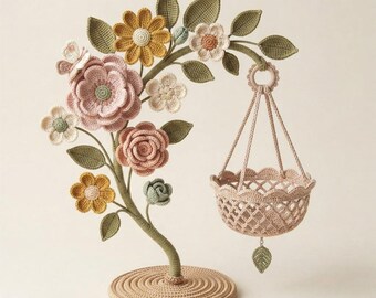 Crochet Flower Tree Pattern, Hanging Basket, Roses, Daisies, Botanical Amigurumi (PDF Download)