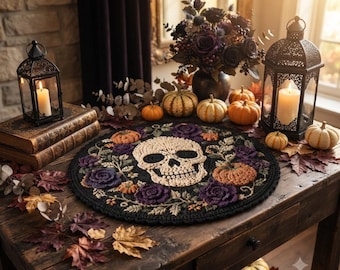 Gothic Skull Flower Pumpkin Mat Crochet Pattern PDF | Halloween Table Mat | Skull Doily | Rose Pumpkin Decor | Fall Crochet
