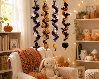 Crochet Halloween Spiral Pattern PDF | Ghost Pumpkin Bat Hanging Mobile | Witch Hat Garland | Spooky Ornament | Fall Decor