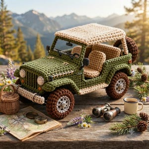 Virkat terrängfordon i PDF-format | Amigurumi-leksak i vintagestil med fyrhjulsdrift | Virkad bil i jeepstil | Gör-det-själv-mönster för plyschlastbilar