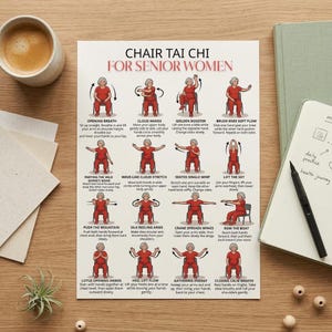 Puede incluir: Un póster instructivo blanco titulado CHAIR TAI CHI FOR SENIOR WOMEN que presenta doce ilustraciones de una persona con ropa roja realizando ejercicios sentados con texto descriptivo para cada movimiento, incluyendo Opening Breath y Lift the Sky.