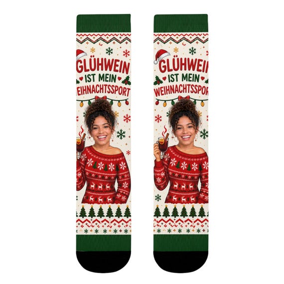 Personalisierte Socken mit Gesicht | Lustige Weihnachtssocken mit Foto | Glühwein Geschenk für Frauen | Weihnachtsgeschenk personalisiert