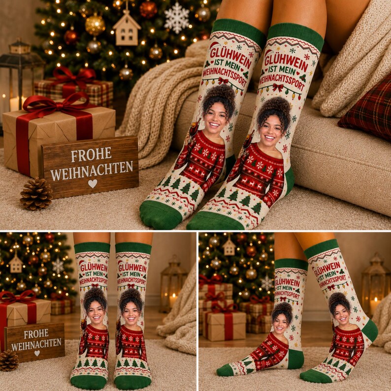 May include: A pair of cream-colored socks featuring a green cuff and toe, decorated with a red and green holiday pattern, a photo of a person, and the text GL&Uuml;HWEIN IST MEIN WEIHNACHTSSPORT printed in red and green lettering on the upper section.