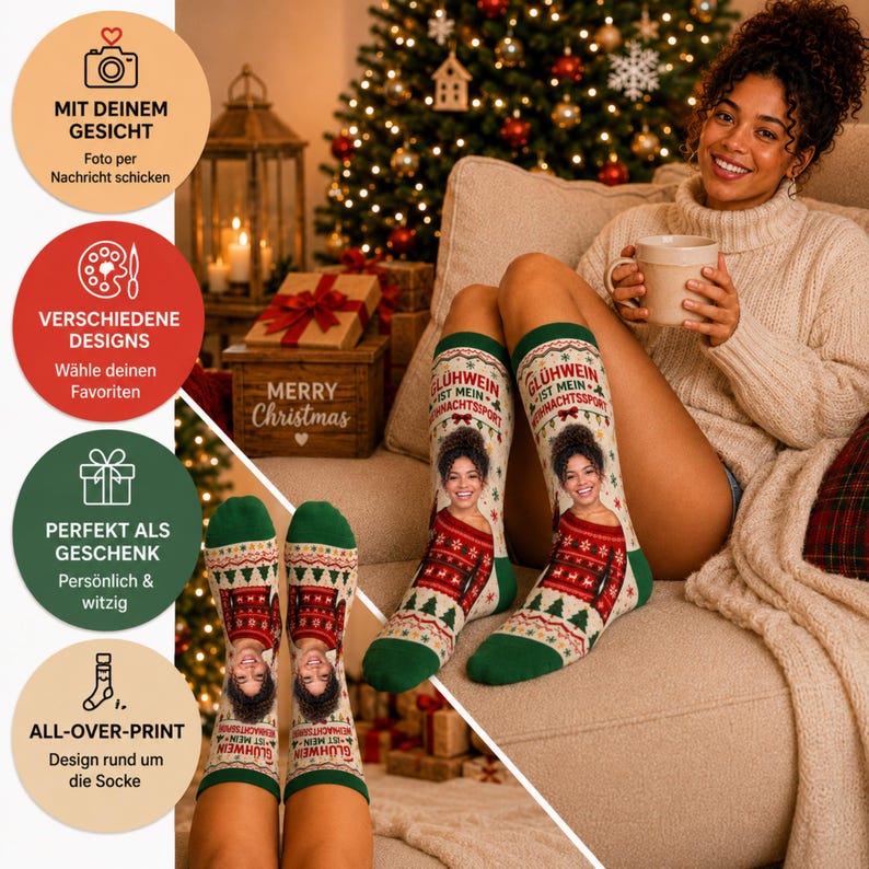 May include: A pair of cream-colored crew socks featuring an all-over Christmas pattern with green and red accents. The socks display a repeating graphic of a person wearing a red sweater, with the German text Gl&uuml;hwein ist mein Weihnachtssport.