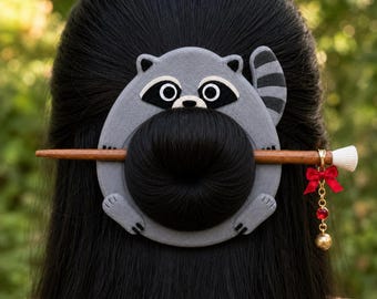 Jimothy Raccoon Hair Bun Holder with Hair Stick, 3D Printed Kawaii Hair Spin, Cute Animal Hair Accessory, Sleepy Wrap Bun Holder