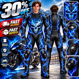 May include: A black leather motorcycle racing suit featuring a vibrant blue flame pattern and a prominent skull graphic on the chest. The suit includes integrated protective armor on the knees and shoulders, with a full-length front zipper closure.