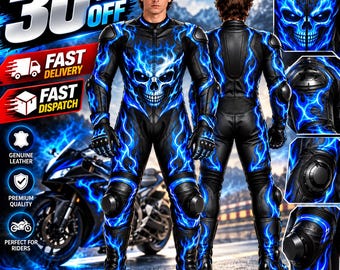 Men's Blue Black Skull Flame Leather Motorcycle Racing Suit, Protective Biker Gear