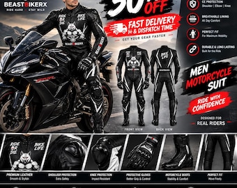 Black Leather Motorcycle Suit, Biker Racing Gear with Boots and Gloves, Personalization Gift