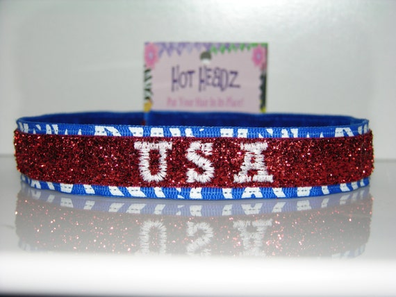 USA Olympics Custom Embroidered Personalized Non-Slip Layered Sparkle Glitter ZEBRA Team Headbands