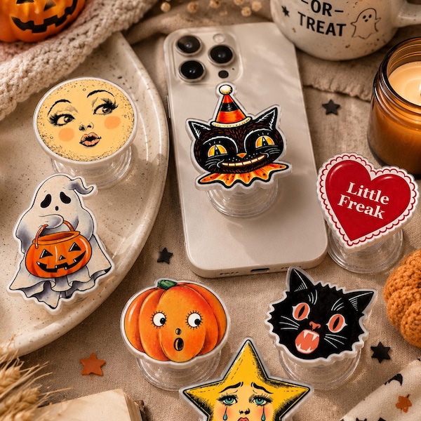Vintage Halloween Phone Grip, Spooky Cat Ghost Phone Holder, Retro Pumpkin Phone Accessory, Cute Fall Gift for Her