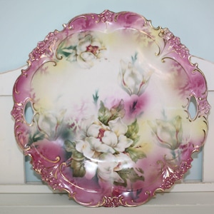 Vintage RS Prussia Porcelain Hand Painted Lily Rose Floral Scalloped Cake Plate Serving Platter Pink Gold Gilded Decorative 10.5&quot; Red Mark