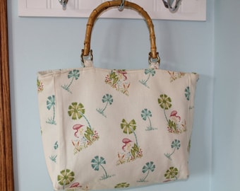 Handmade Tropical Palm Trees and Flamingo Padded Purse With Double Bamboo Handles Zipper Pocket Magnetic Closure