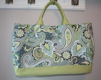 Handmade Large Blue And Green Retro Paisley Padded Tote Double Handles Pocket Magnetic Closure Travel