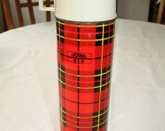 Vintage King Seeley Thermos Company USA Red Black Tartan Plaid 1970s Cabin Cottage Decor Picnic Travel Beverage Thermos